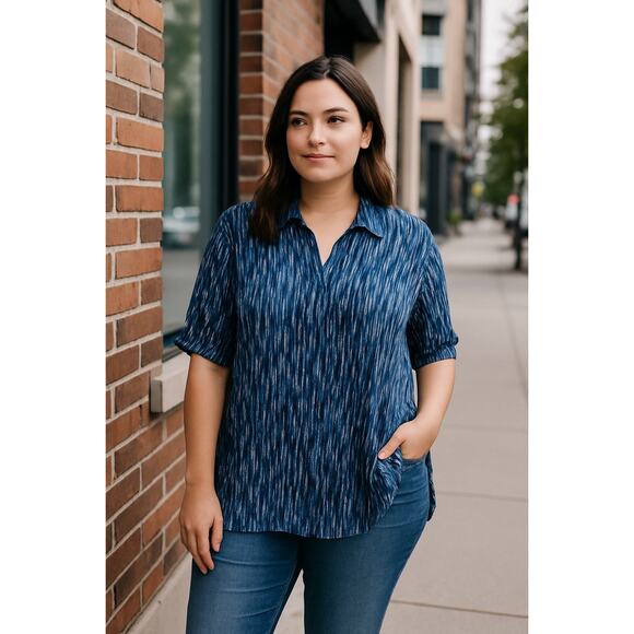 Liverpool Los Angeles Blue Abstract Blouse Large Women NWT Viscose Stretch Shirt - Picture 1 of 10